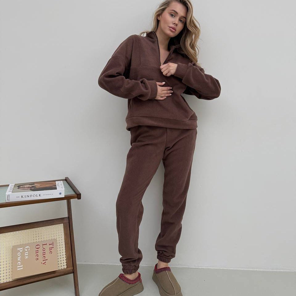 Women's Cozy Fleece Loungewear Set with Half Zipper and Joggers