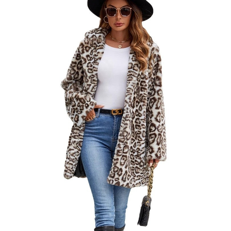 Elegant Leopard Print Faux Fur Coat
