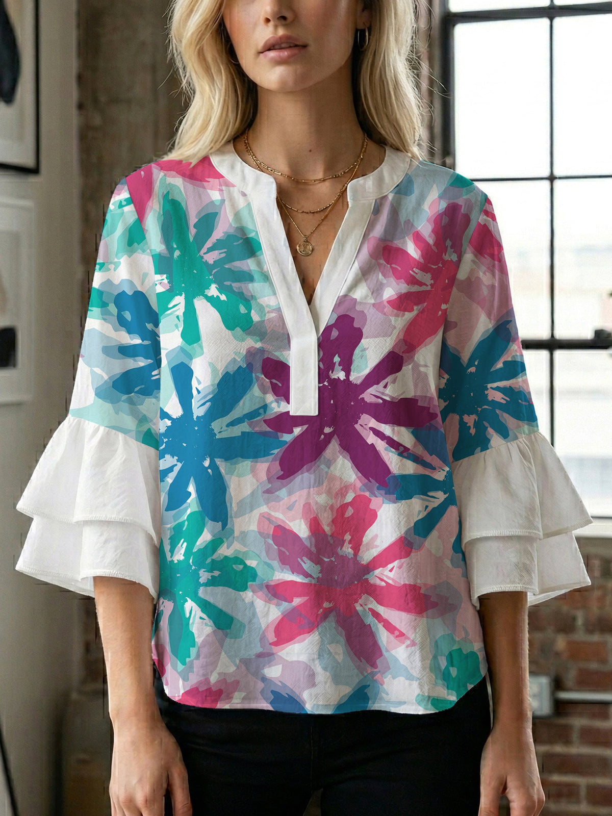 Women's Blouse with Voluminous Sleeves and Floral Design