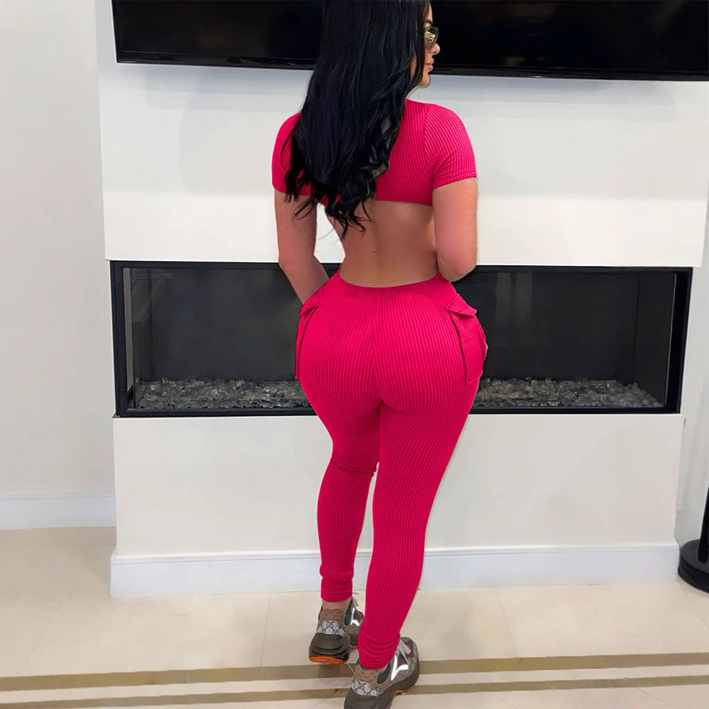 Women's Form-Fitting Jumpsuit with High Collar and Side Pockets