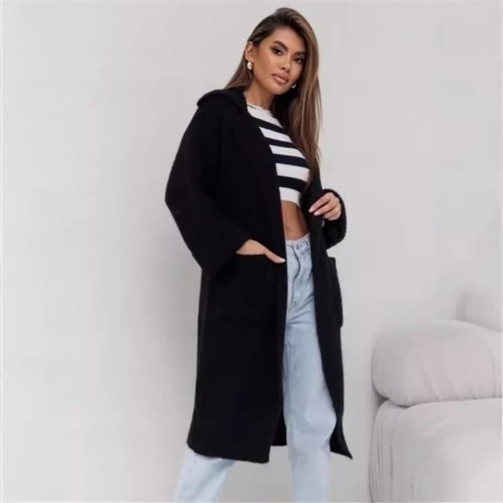 Women's Long Knit Coat with Hood and Pockets