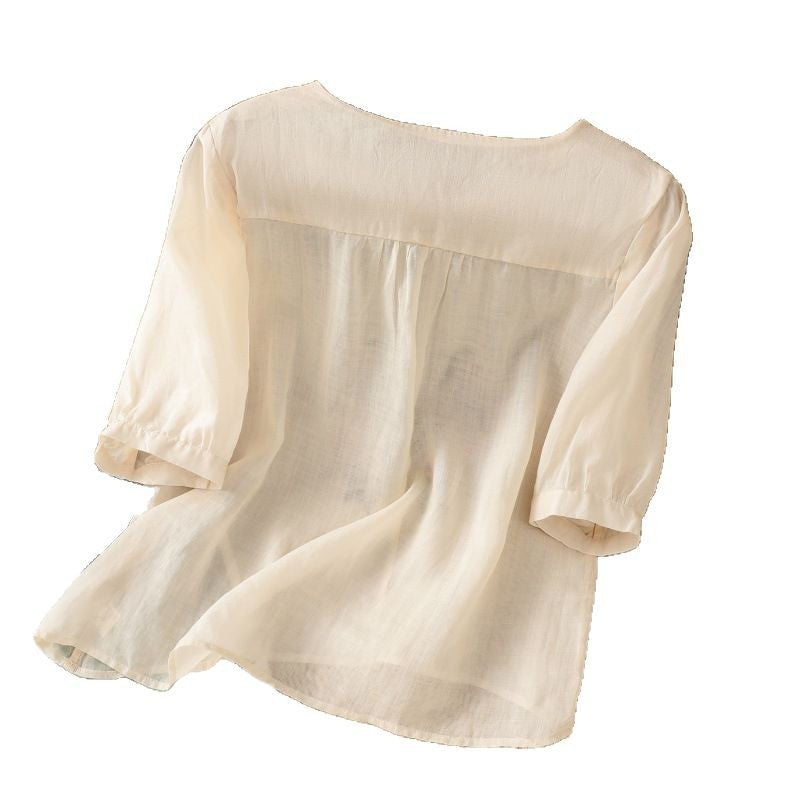 Women's Blouse Shirt with Floral Embroidery and Button-Up Neckline