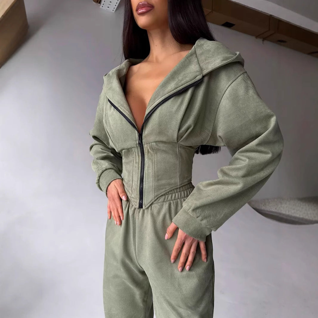 Women's Casual Utility Jumpsuit with High Collar and Zipper