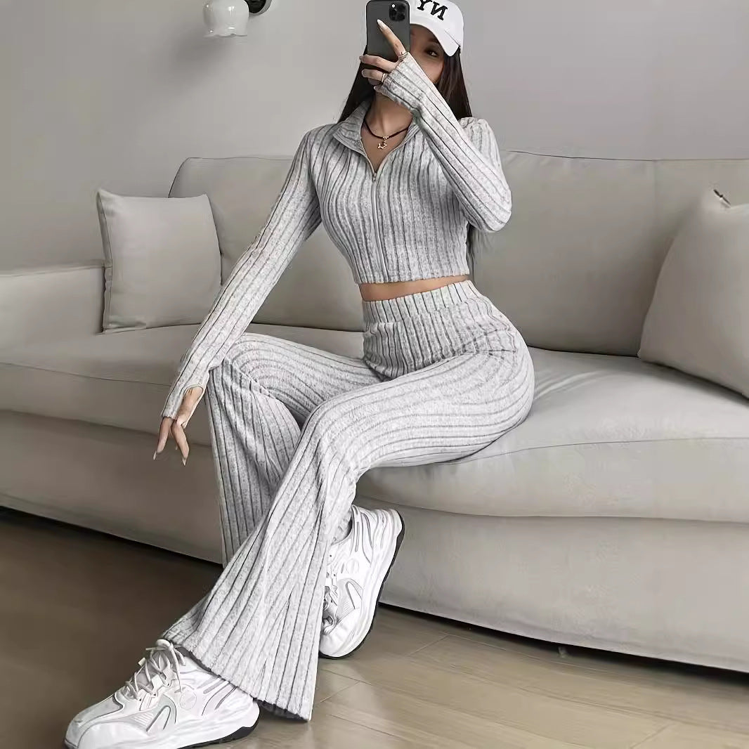 Women's Crop Pullover and Flared Pants Set