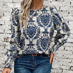 Women's Blouse with Floral Pattern and Puff Sleeves