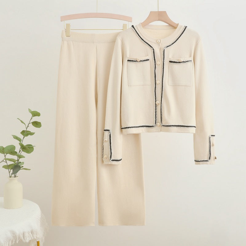 Women's Elegant Two-Piece Set with Textured Blazer and Wide-Leg Trousers