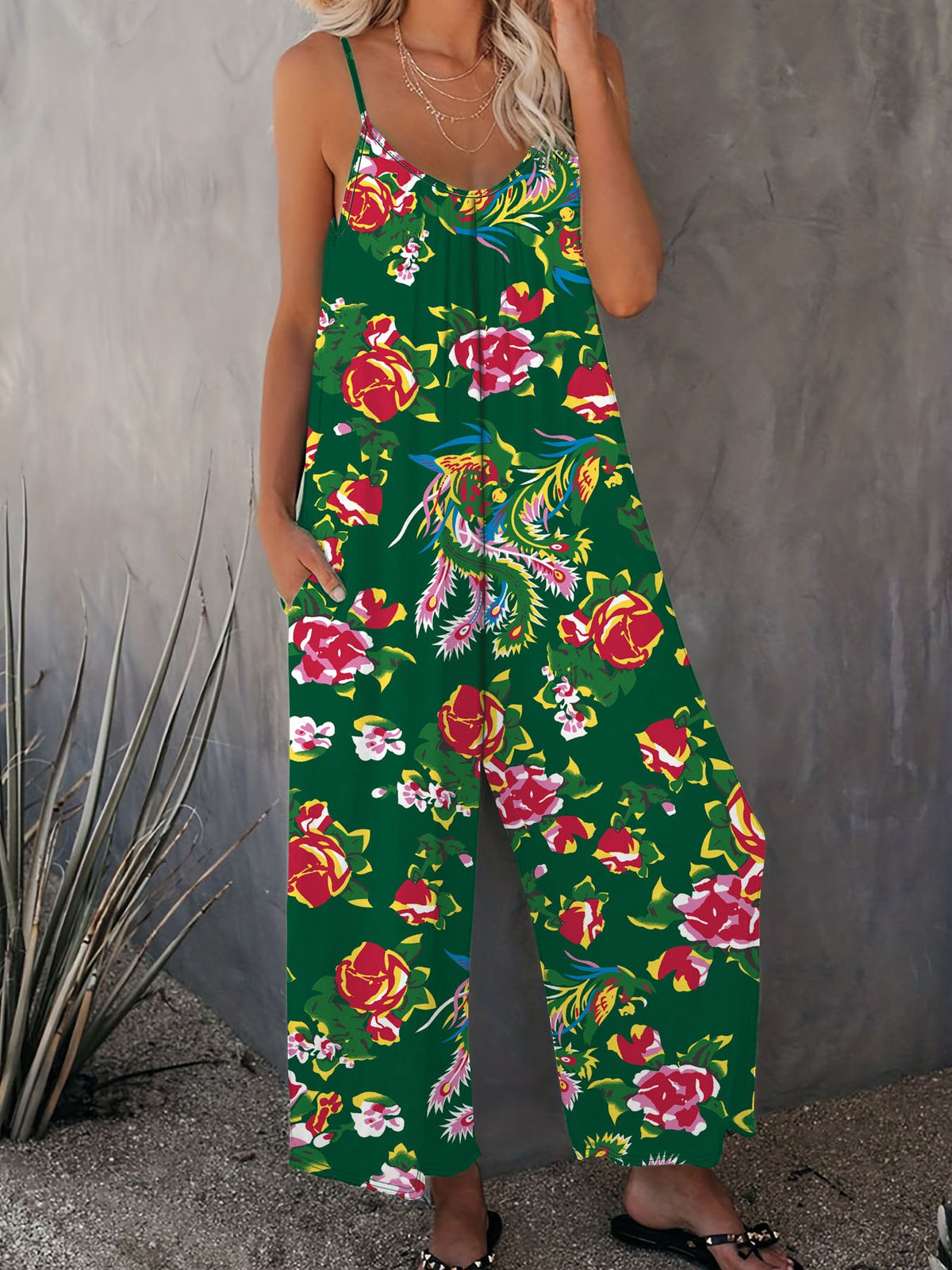 Women's Airy Jumpsuit with Floral Design and Adjustable Straps