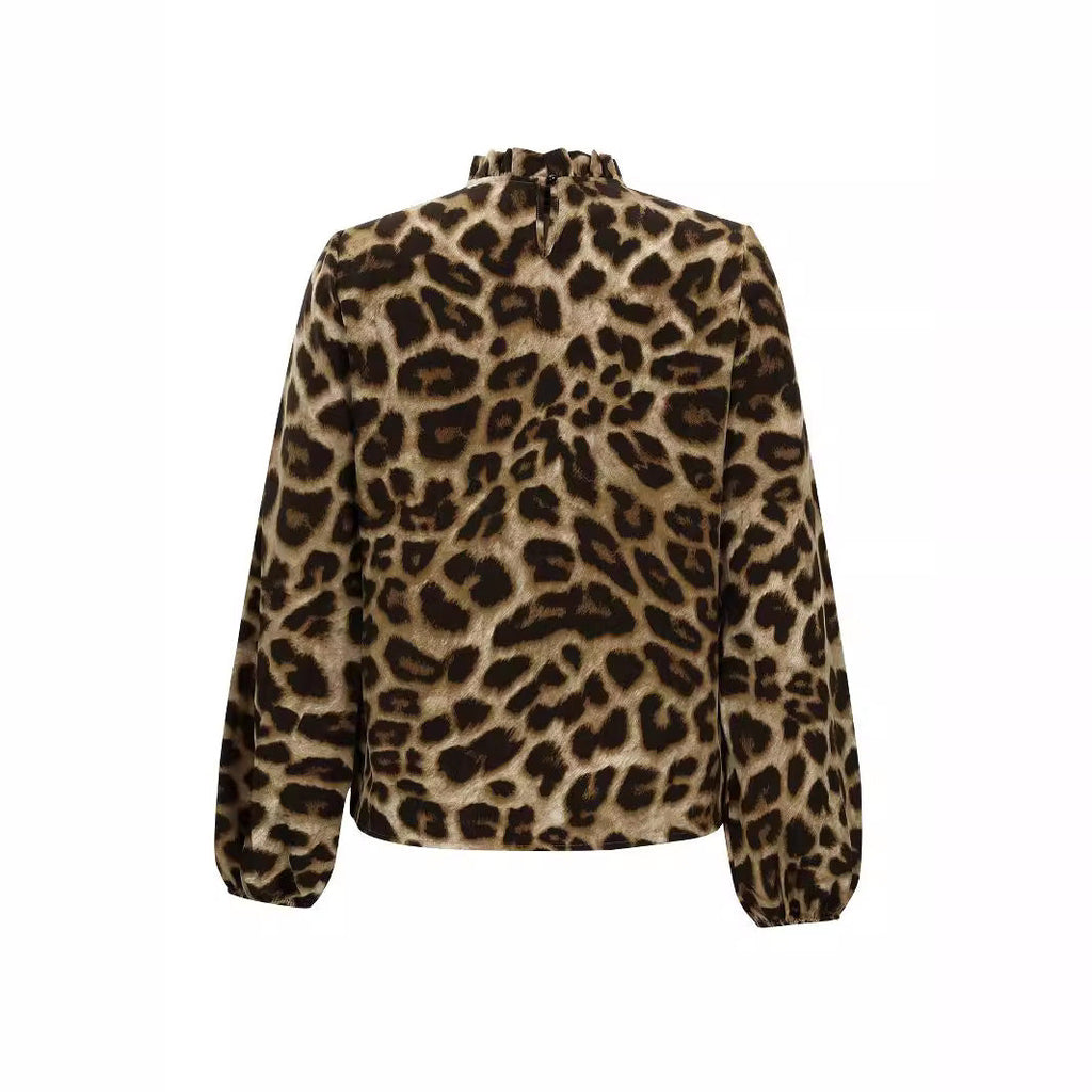 Women's Blouse with Elegant Leopard Print and Ruffle Collar
