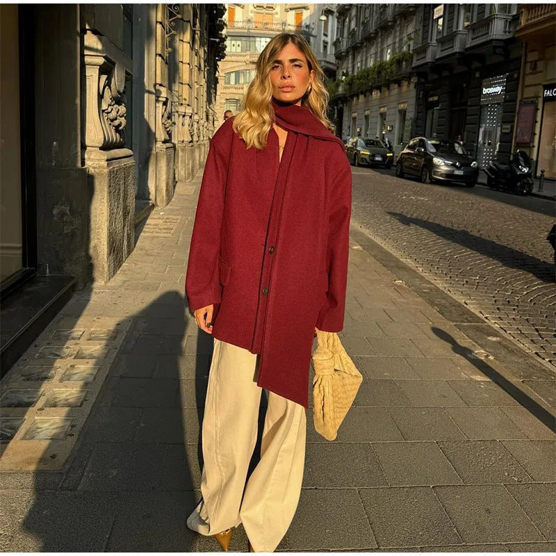 Women's Elegant Oversized Jacket with High Collar and Pockets