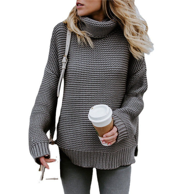Women's Chunky Knit High-Neck Sweater with Dropped Shoulders