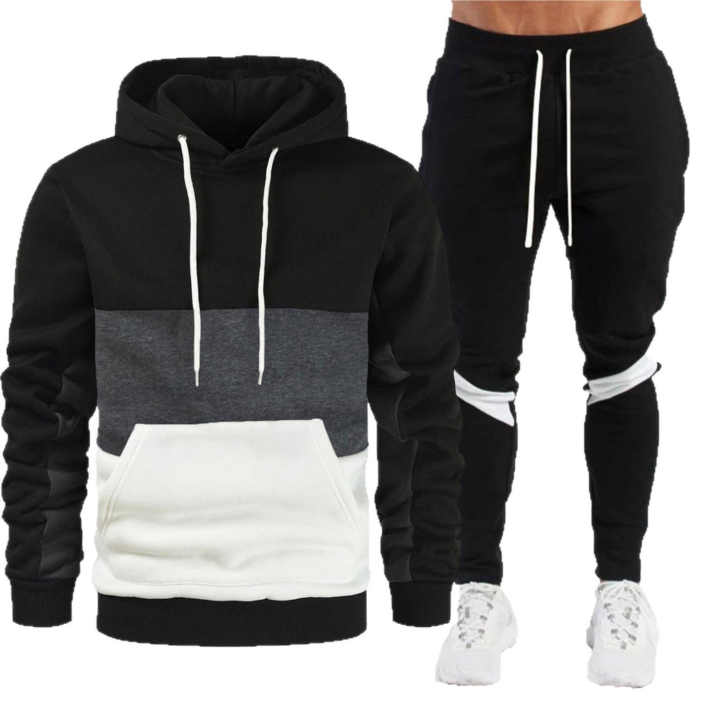 Men's sporty hoodie and jogger set with contrast trims, kangaroo pocket, elastic waistband, and tapered leg