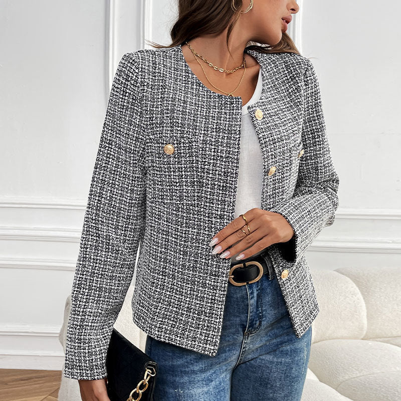 Elegant Women's Tweed Jacket with Double-Breasted Button Placket and Textured Fabric