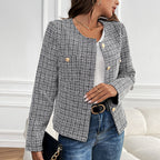 Elegant Women's Tweed Jacket with Double-Breasted Button Placket and Textured Fabric
