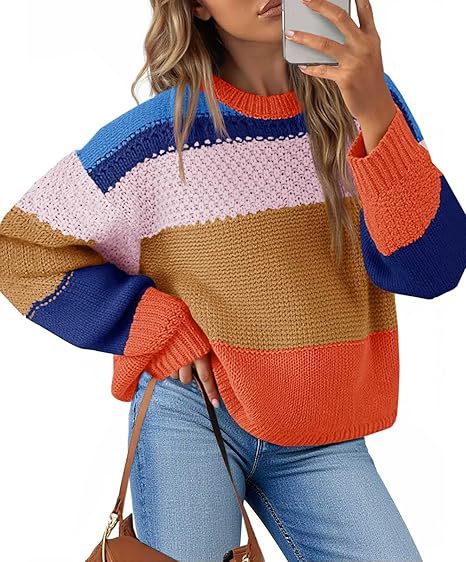 Women's Chunky Knit Sweater with Color Block Design and Oversized Fit