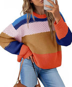 Women's Chunky Knit Sweater with Color Block Design and Oversized Fit