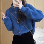 Women's Cozy Cardigan with High Collar and Decorative Buttons