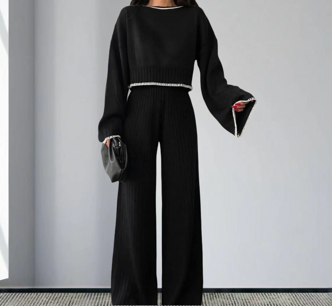 Elegant Knit Suit with Wide-Leg Trousers