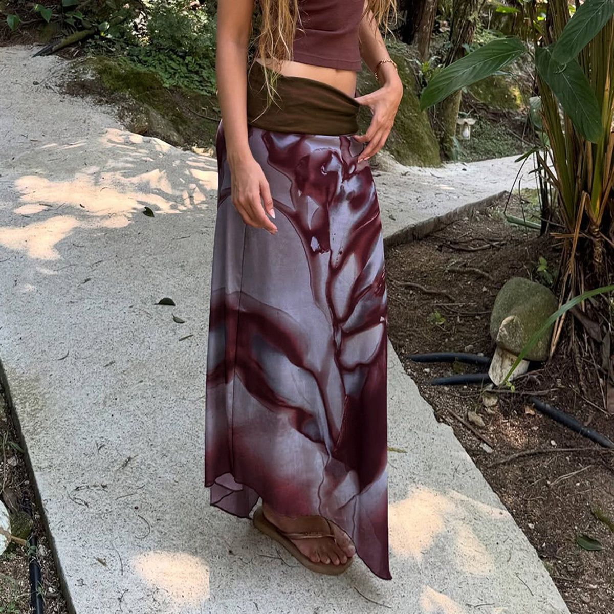 Floral Pattern Maxi Skirt with Elastic Waistband