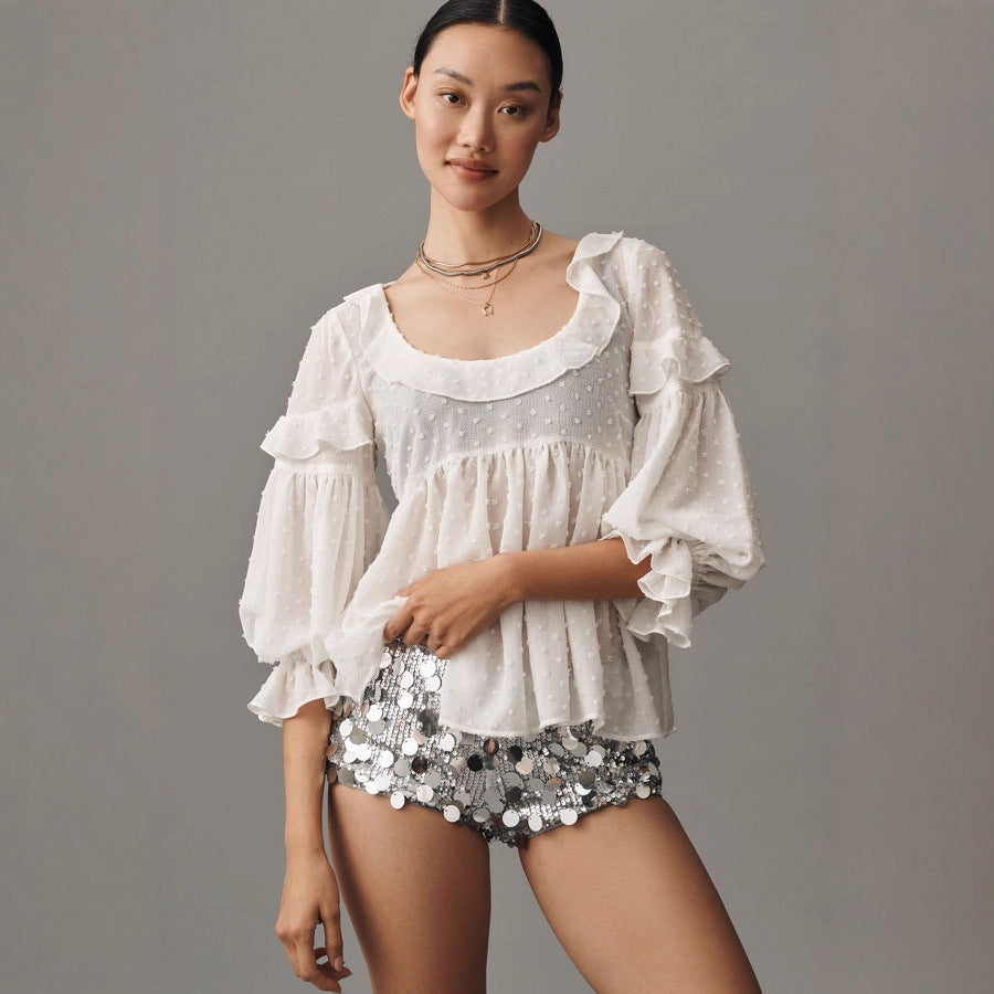 Women's Blouse with Decorative Ruffles and Textured Fabric