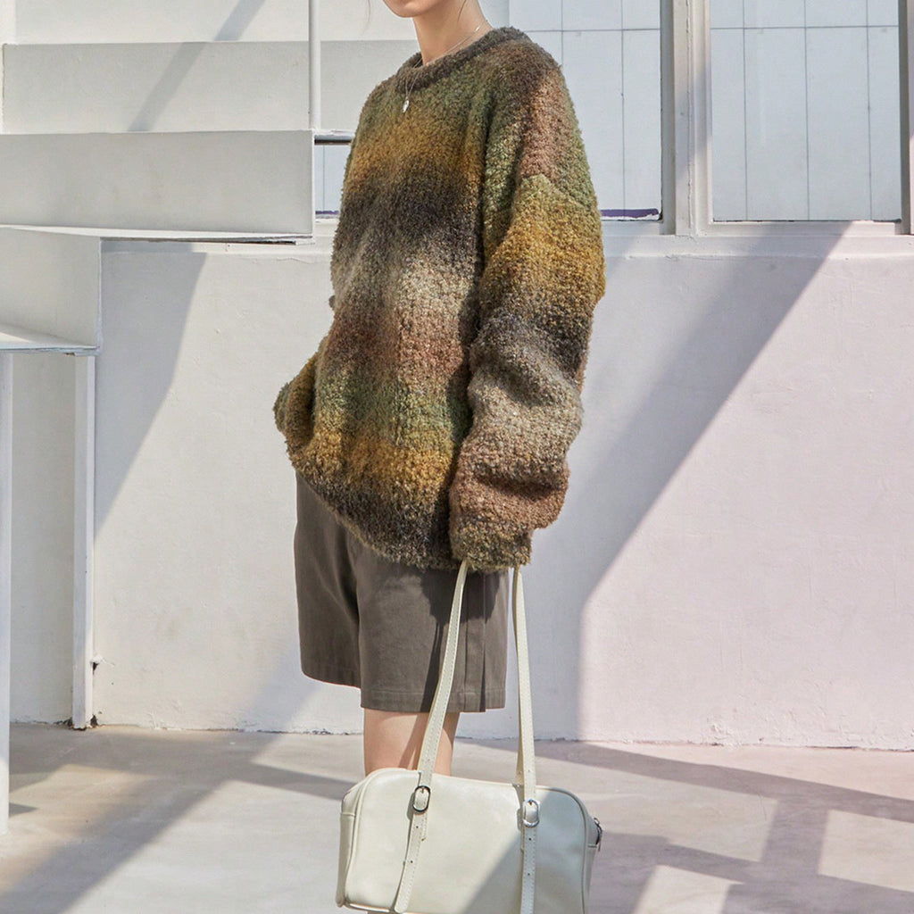 Women's Fluffy Sweater with Textured Gradient and Loose Fit