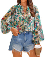 Women's Blouse with Artistic Print and Gathered Sleeves