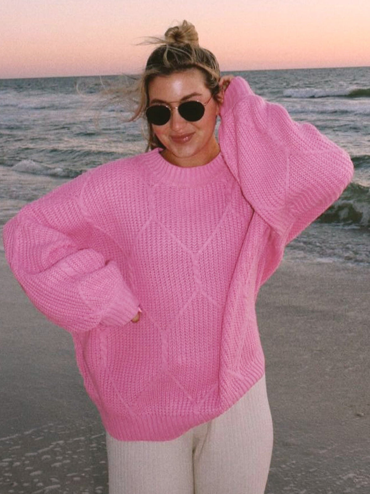 Women's Chunky Knit Sweater with Asymmetric Cut and Wide Hem