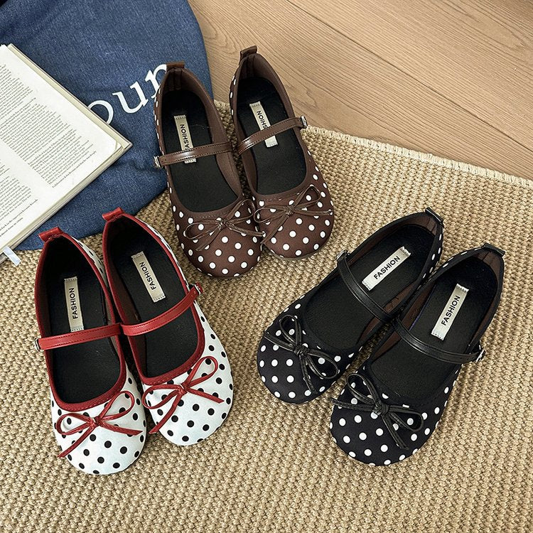 Women's Ballet Flats with Decorative Bow and Polka Dot Pattern