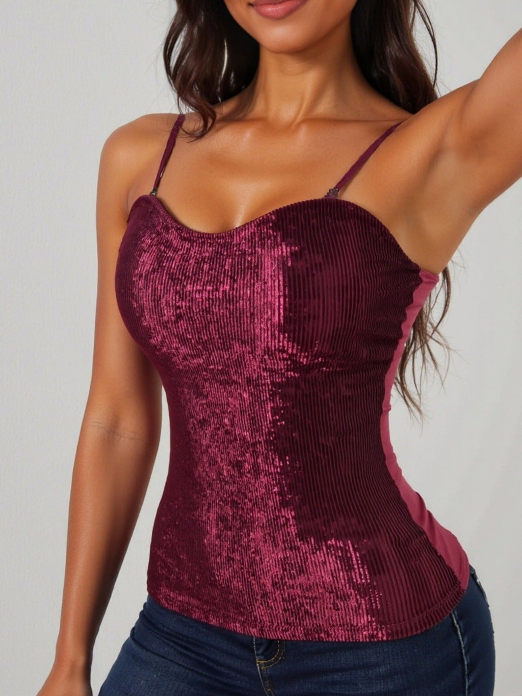 Women's Elegant Spaghetti Strap Shirt with Luxurious Sequins and Fine Rib Knit