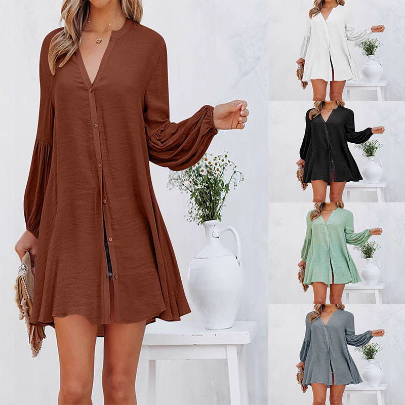 Women's Blouse Dress with Button Details and Balloon Sleeves