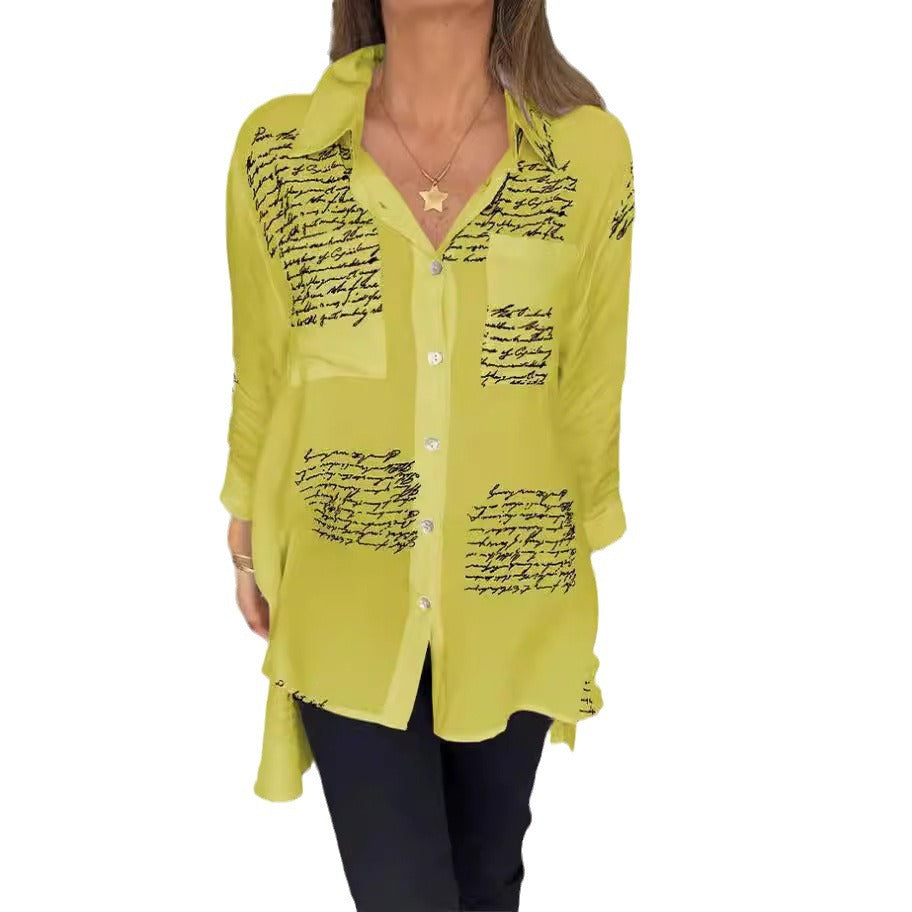 Women's Blouse with Modern Script Design and Loose Fit