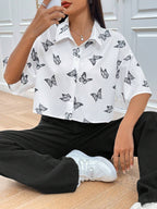 Women's Short Sleeve Shirt with Butterfly Print