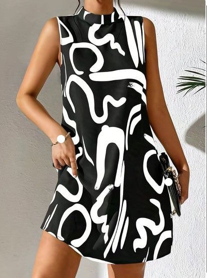 Women's A-Line Mini Dress with Modern Graphic Pattern and Stand-Up Collar