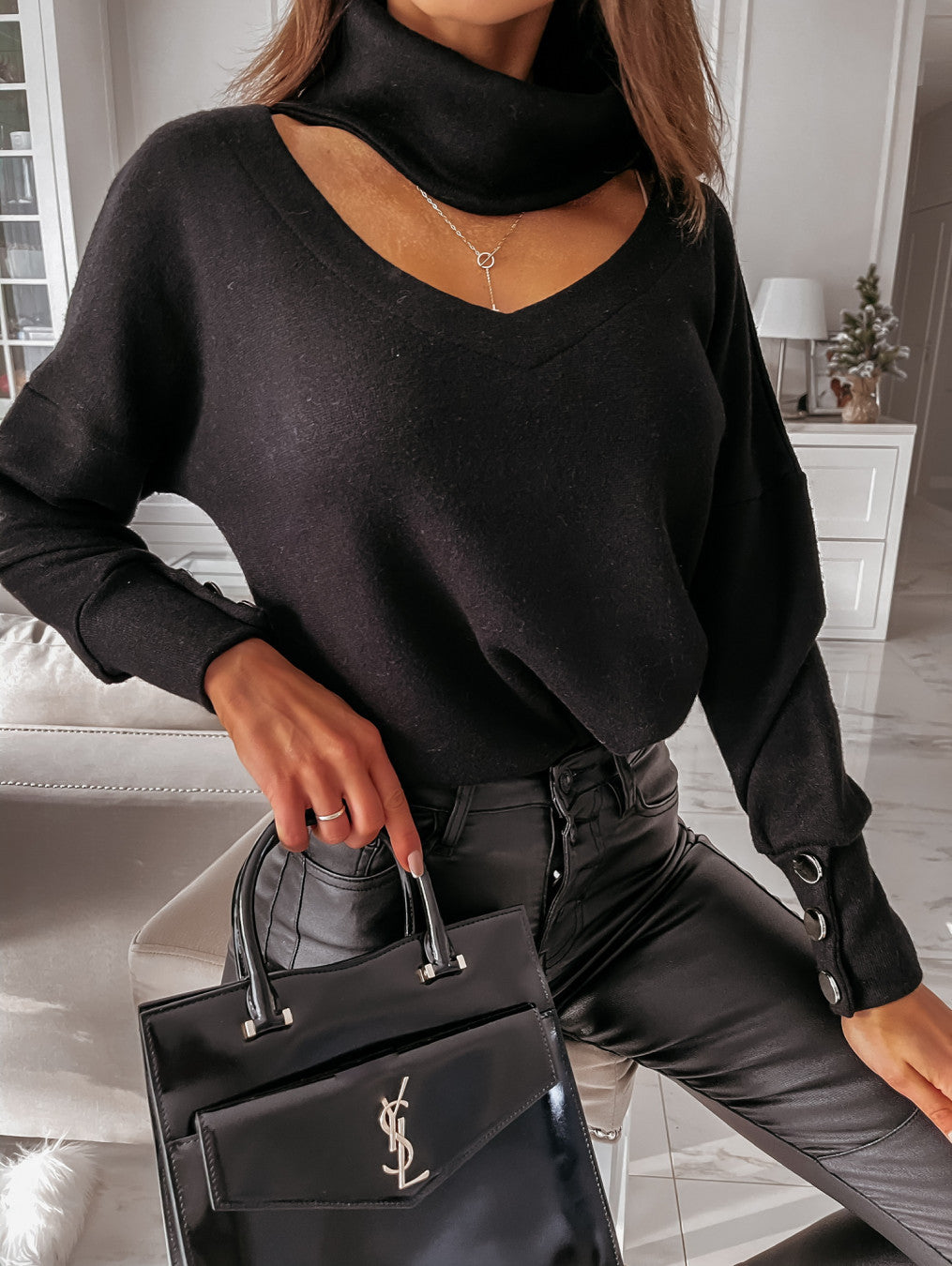 Women's Glamorous Knit Sweater with Mock Neck and Button Details