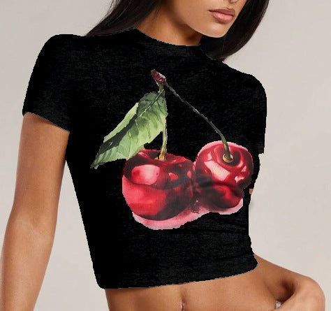 Women's Crop T-Shirt with Cherry Motif