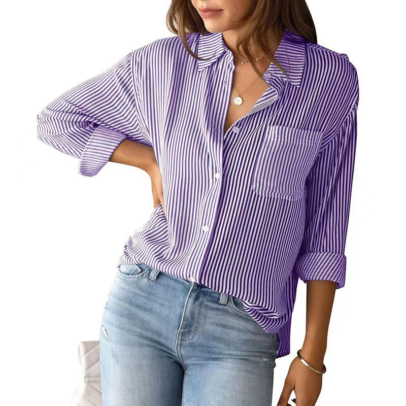 Women's Loose Striped Shirt with Chest Pocket and Roll-Up Sleeves