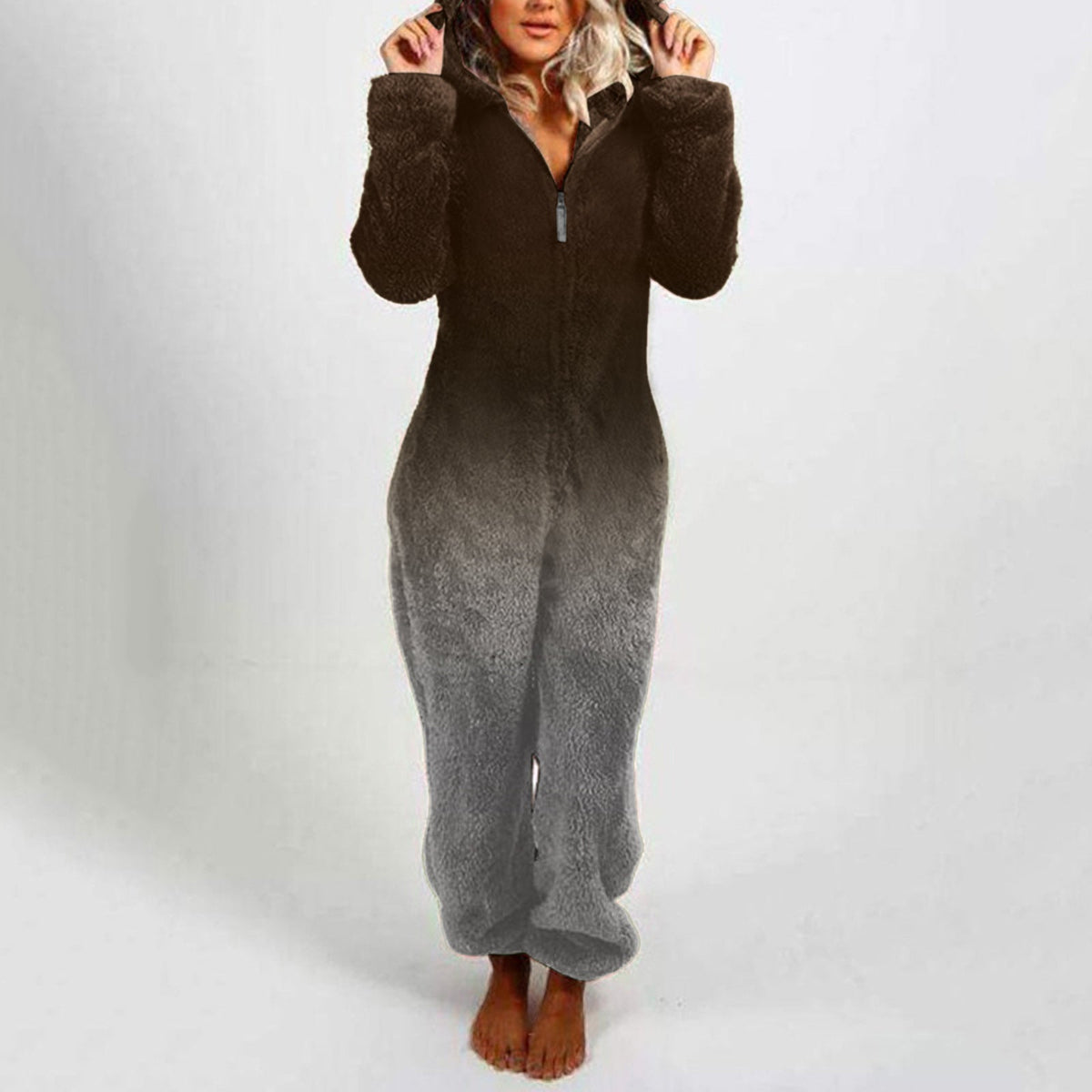Women's Hooded Fleece Jumpsuit with Gradient Design