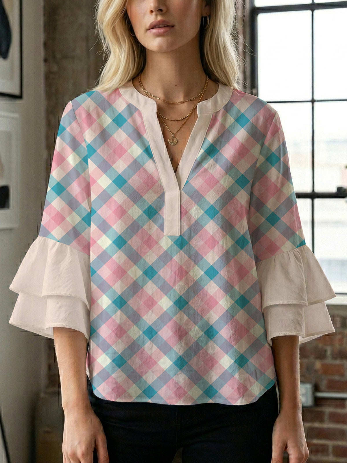 Women's Blouse with Voluminous Flutter Sleeves and Leaf Print