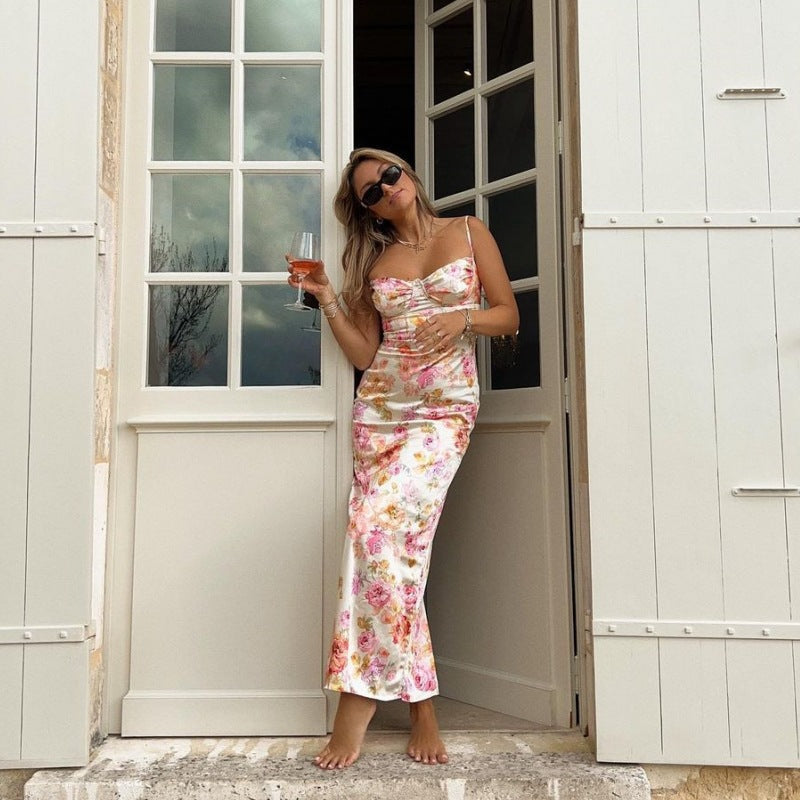 Women's Floral Maxi Dress with Adjustable Straps and Figure-Hugging Cut