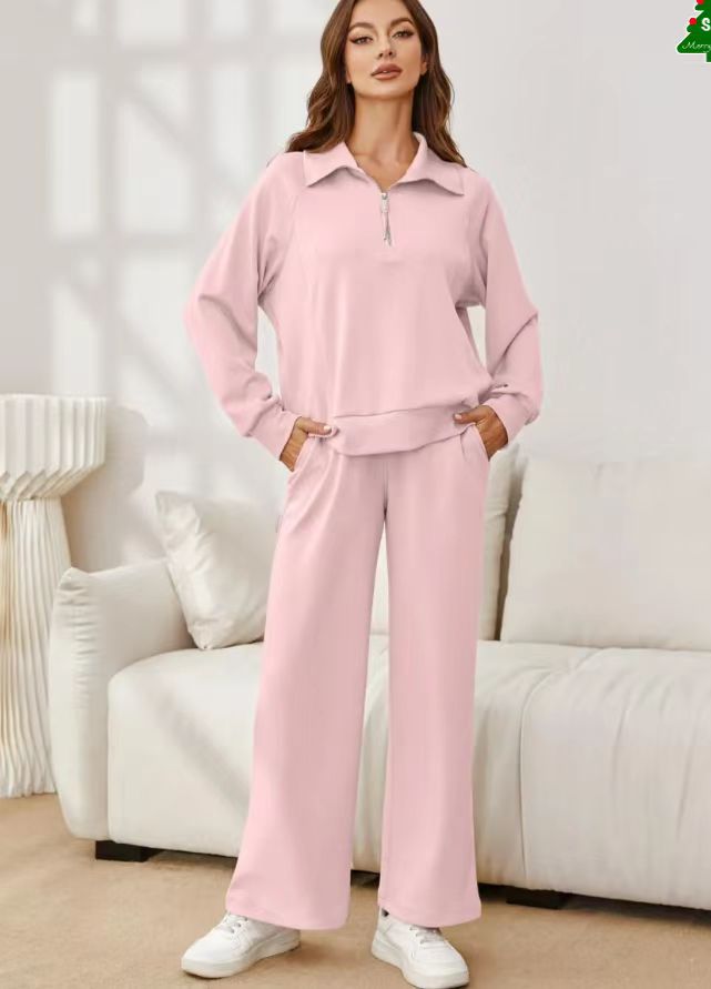 Women's Casual Two-Piece Set with Zipper and Pockets