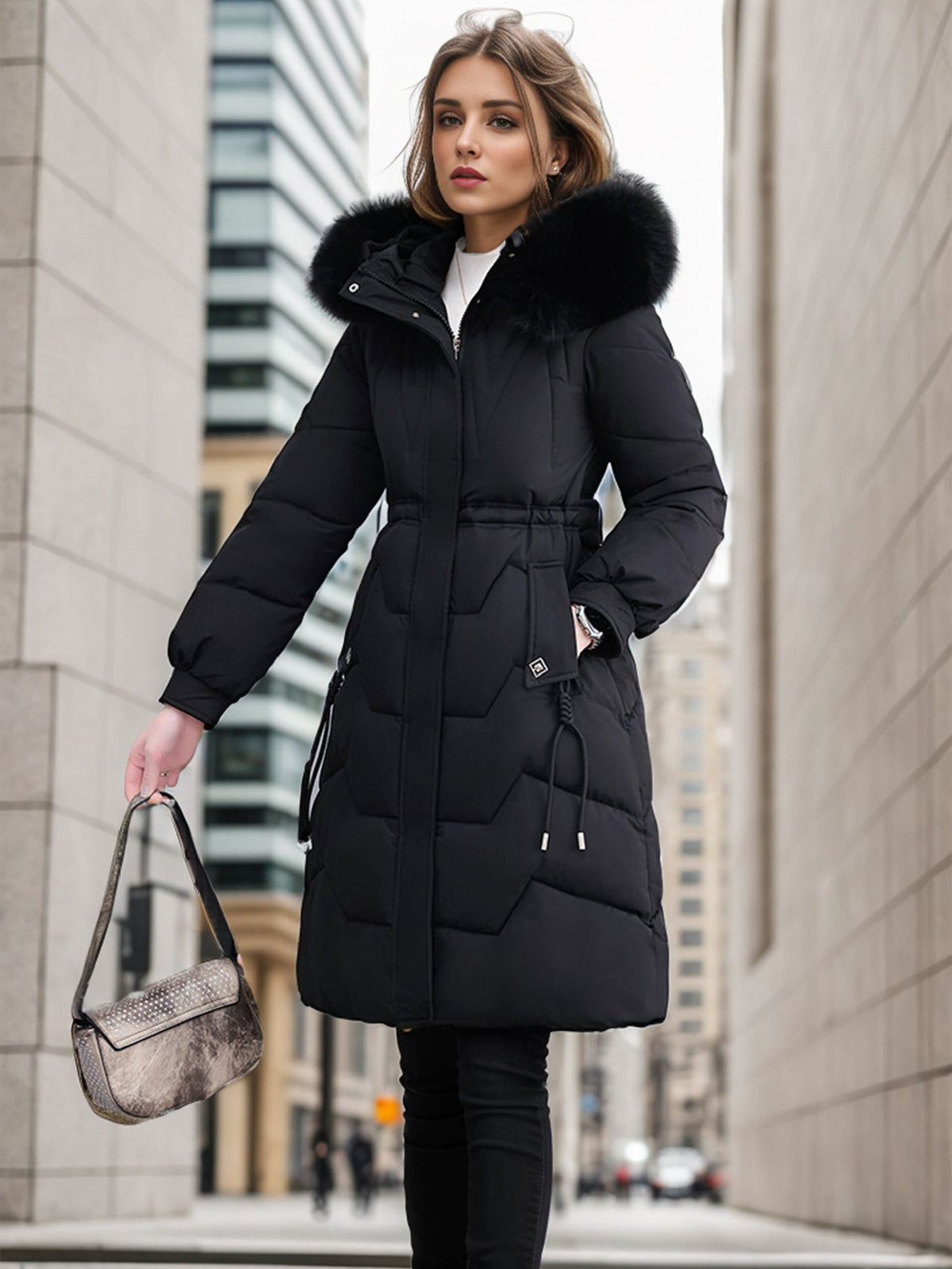 Women's Elegant Insulated Winter Coat with Detachable Faux Fur Collar