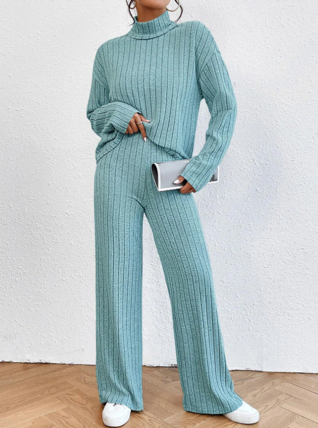 Women's Chunky Knit Two-Piece Set with High Collar and Wide Cut
