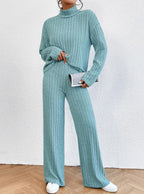 Women's Chunky Knit Two-Piece Set with High Collar and Wide Cut