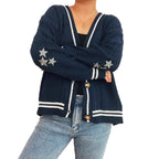 Women's Cozy Cardigan with Star Appliqués and Modern Details