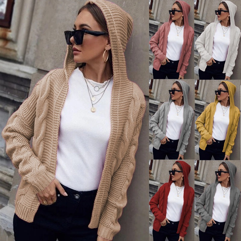 Women's Chunky Knit Cardigan with Hood and Cable Knit Pattern