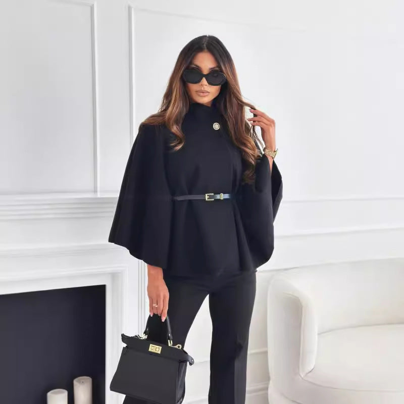 Women's Cape Jacket with Stylish Belt and Elegant Texture
