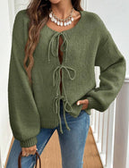 Women's Cozy Knit Sweater with Decorative Lace-Up Detail and Wide Sleeves