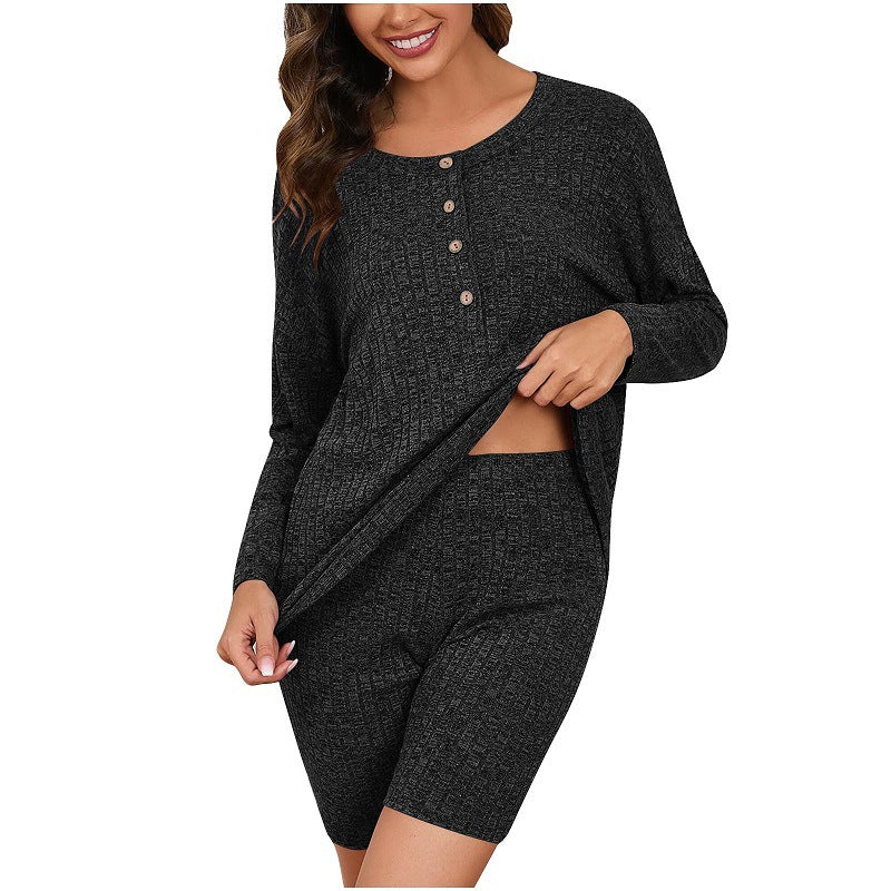 Women's Comfortable Lounge Set with Long-Sleeve Top and Shorts