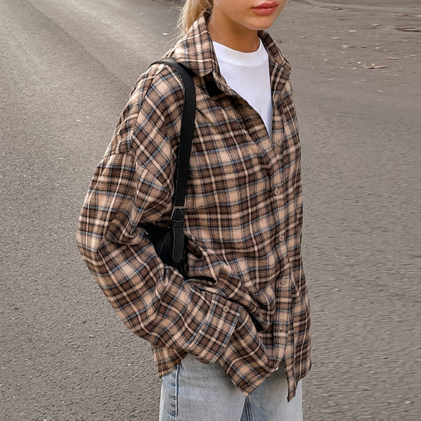 Women's Plaid Overshirt in Casual Cut with Oversized Sleeves