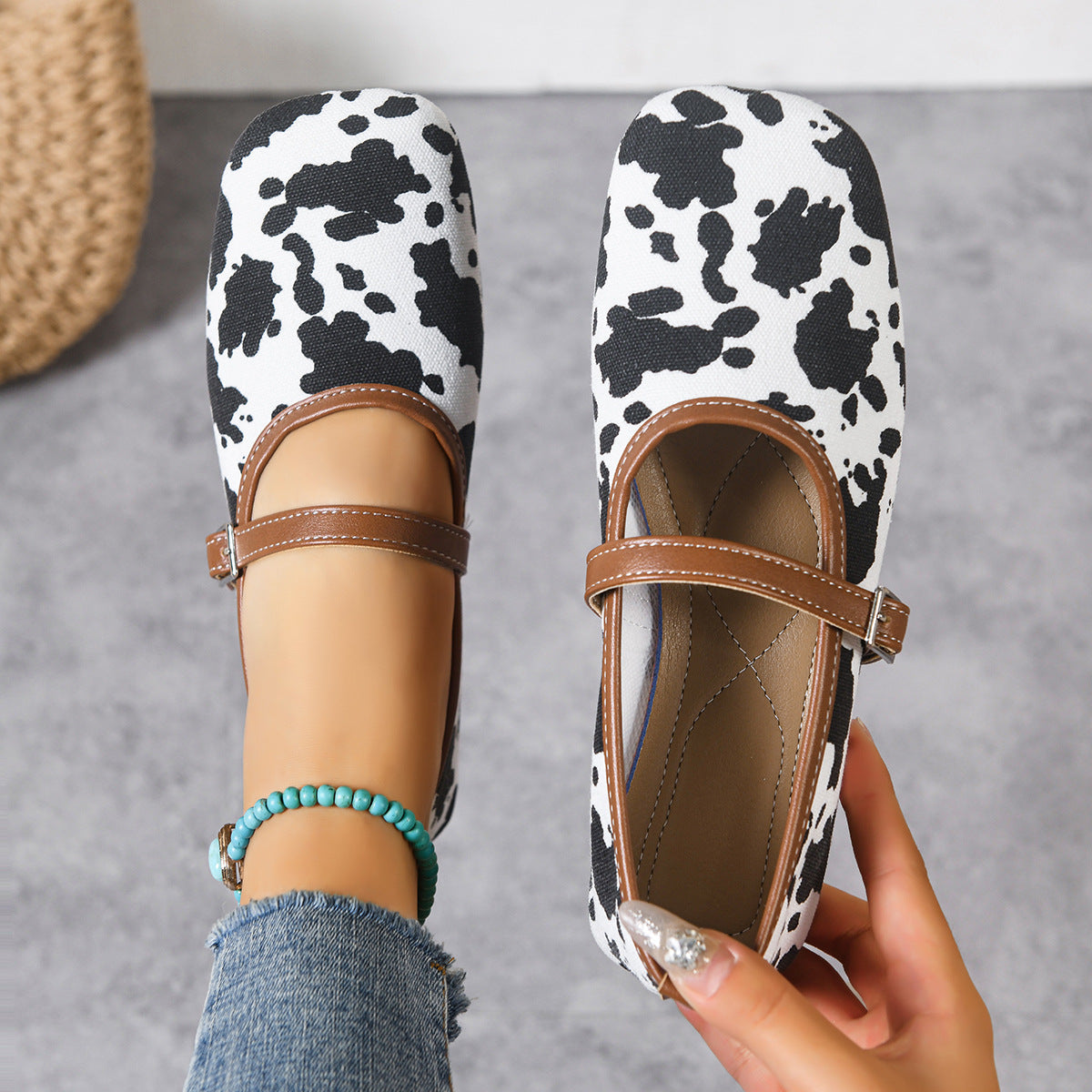 Women's Patterned Ballet Flats with Adjustable Buckle