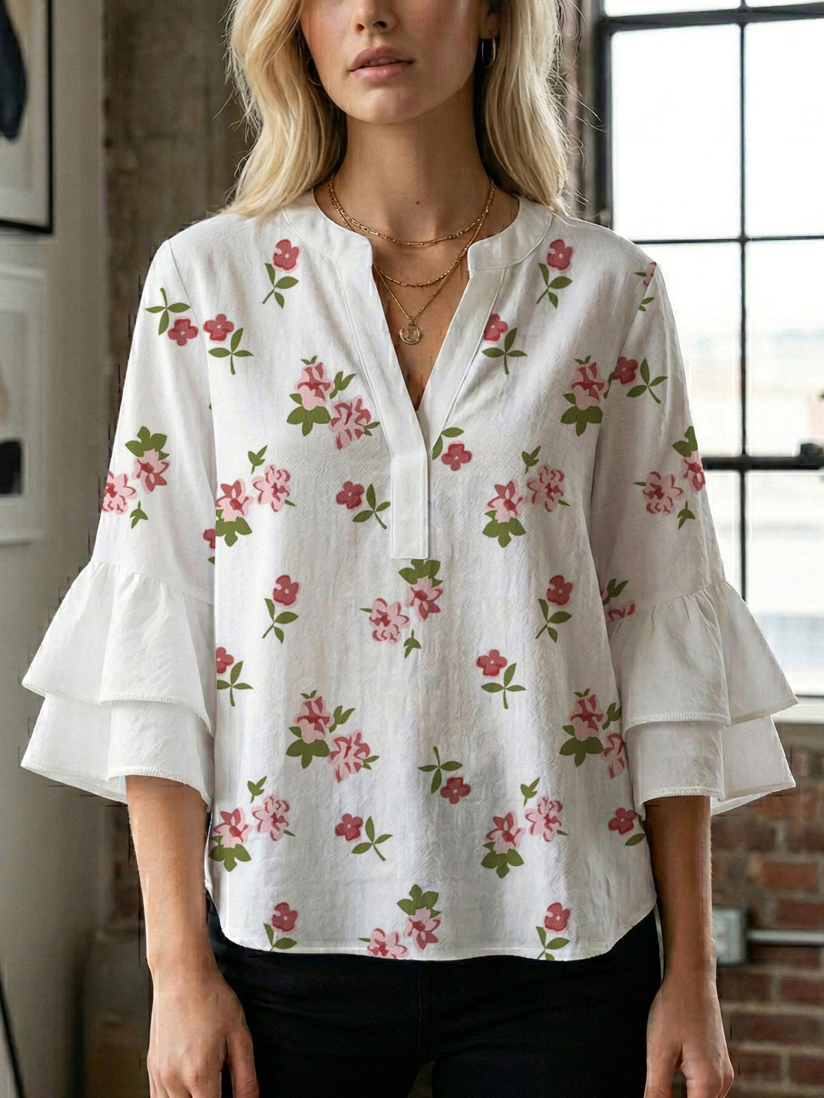 Women's Blouse with Voluminous Ruffle Sleeves and Modern Print
